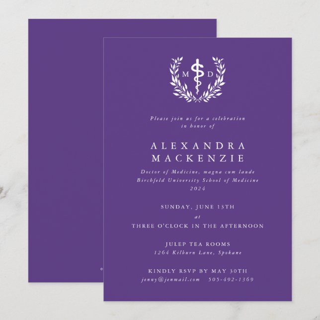 Invitación Graduación del álabo de MD morado + laurel (Anverso / Reverso)