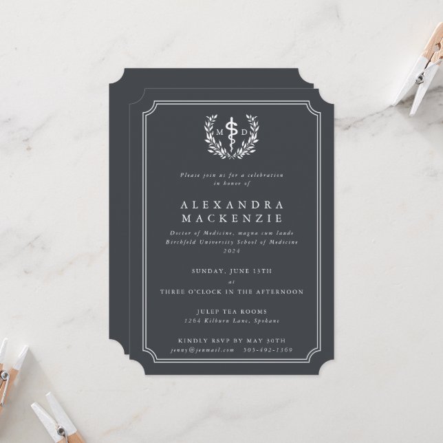 Invitación Graduación del álabo MD gris + laurel (Anverso/Reverso In Situ)