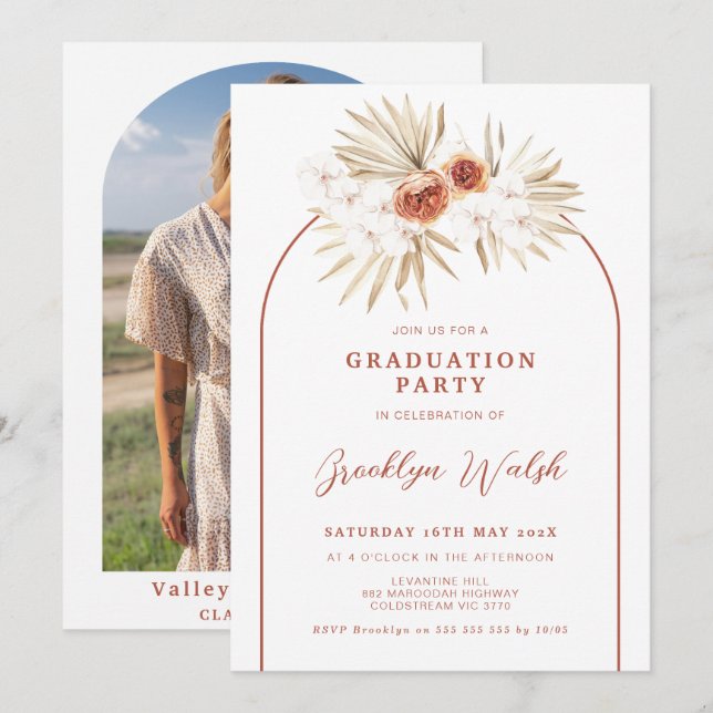 Invitación Graduación del Arco Floral Naranja Quemado Boho (Anverso / Reverso)