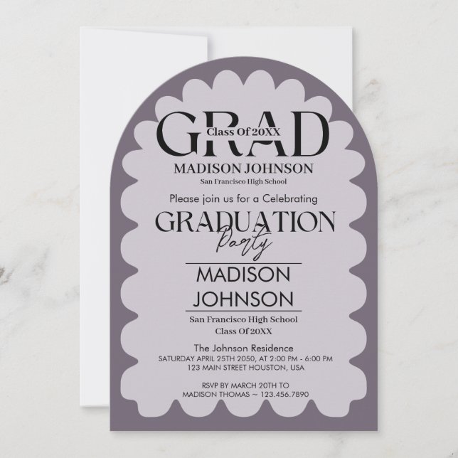 Invitación Graduación del arco púrpura ondulada de la curva r (Anverso)