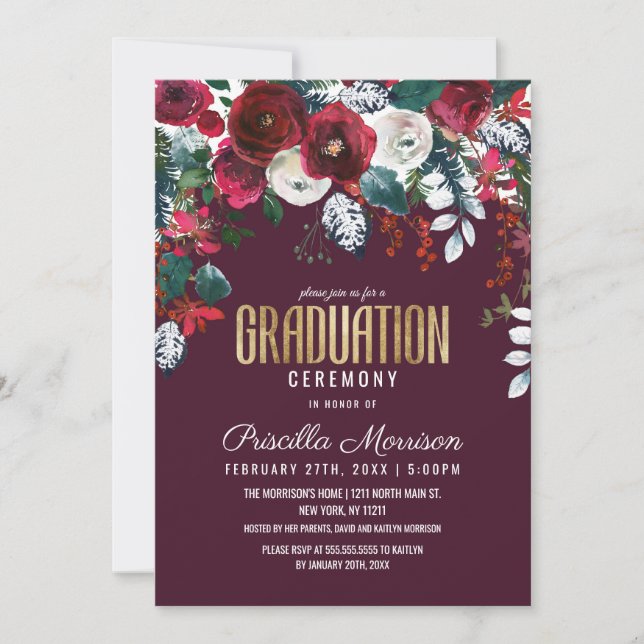 Invitación Graduación del Arreglo Floral de Marfil Rojo de Bo (Anverso)