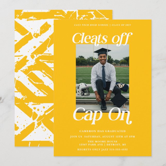 Invitación Graduación del atleta amarillo dorado limpia la ta (Anverso / Reverso)