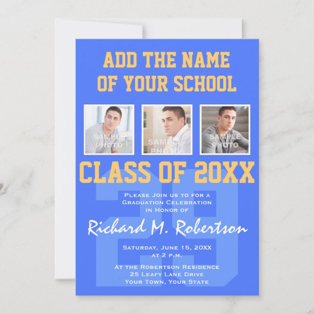Invitación Graduación del atleta Sky Royal Blue y Gold (Anverso)