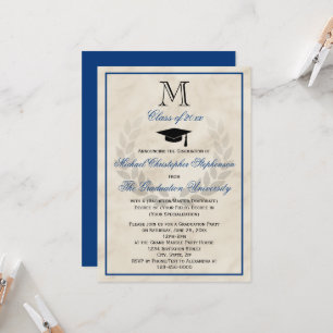 Invitación Graduación del Blue Monogram Wreath Classic Colleg