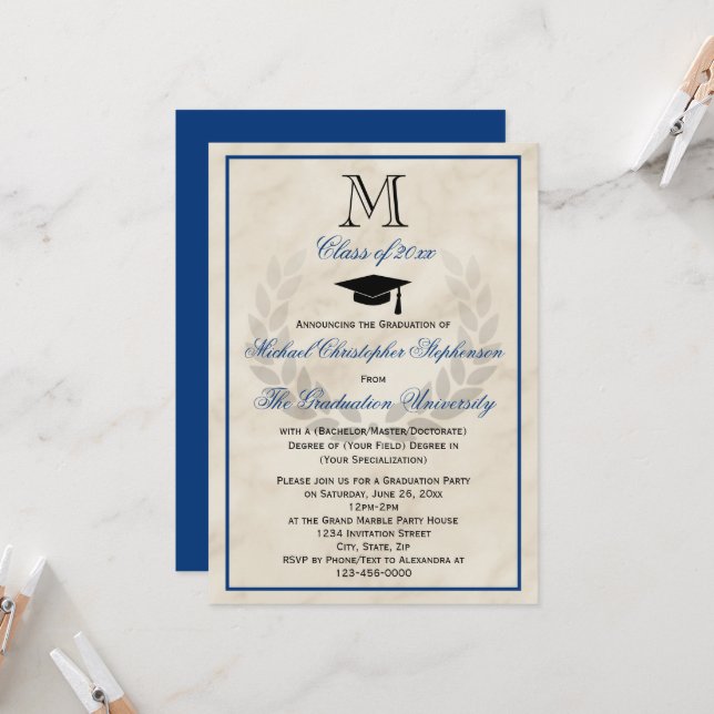 Invitación Graduación del Blue Monogram Wreath Classic Colleg (Anverso/Reverso In Situ)