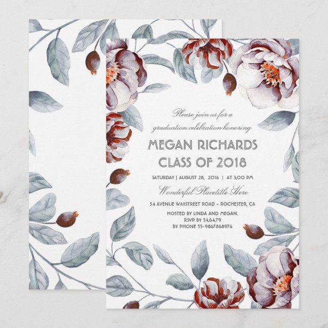Invitación Graduación del Boho de Plum y Maroon Floral Waterc (Anverso / Reverso)