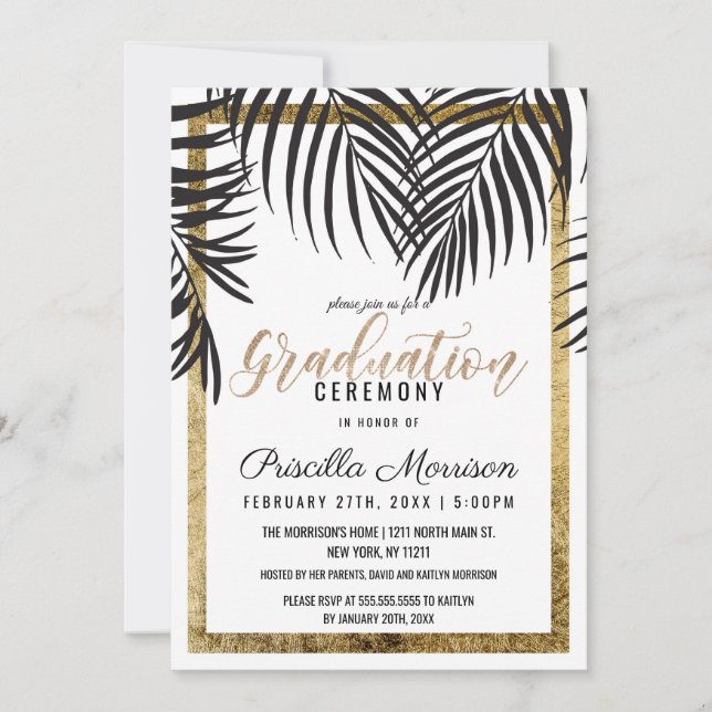 Invitación Graduación del borde dorado de la palmera negra (Anverso)
