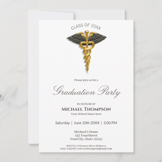 Invitación Graduación del Caduceus de Oro Médico Ala Negra (Anverso)