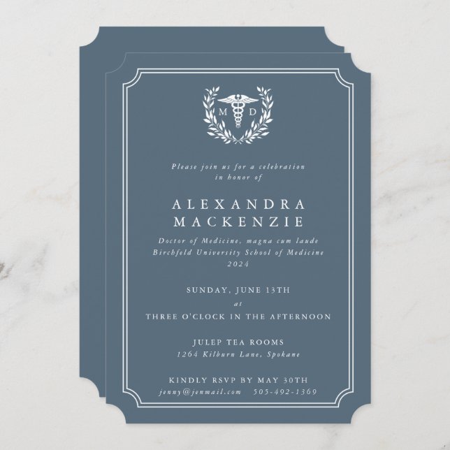 Invitación Graduación del Caduceus MD en blanco y gris azul (Anverso / Reverso)