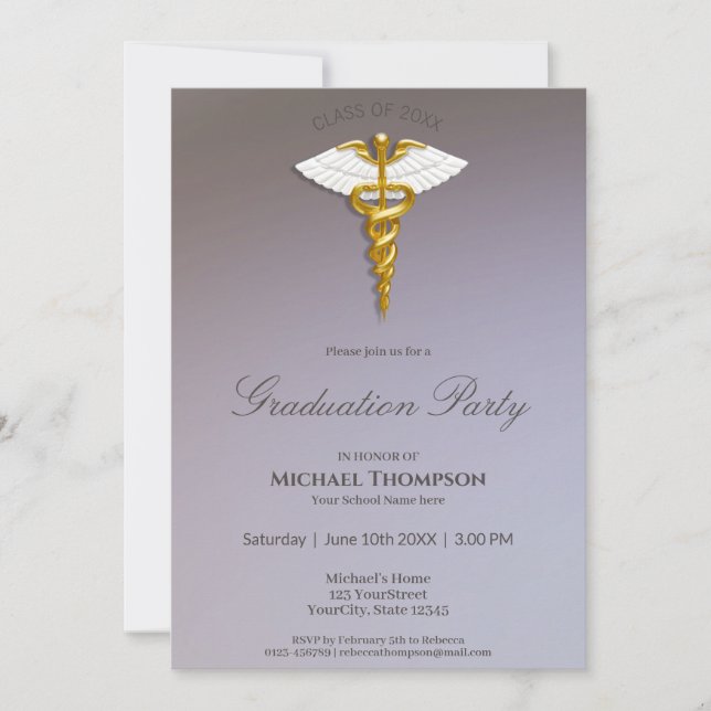 Invitación Graduación del Caduceus White Wings de Oro Médico (Anverso)