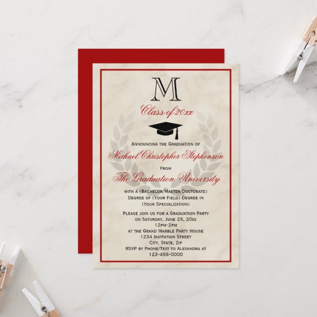 Invitación Graduación del Colegio Clásico de Monograma Rojo (Anverso/Reverso In Situ)