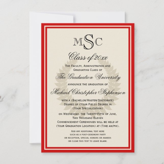 Invitación Graduación del Colegio Clásico de Monograma Rojo L (Anverso)