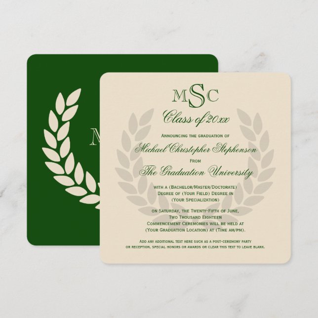 Invitación Graduación del Colegio Verde Clásico de Monograma (Anverso / Reverso)