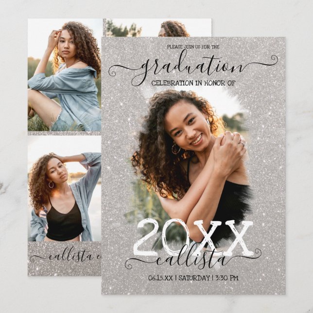 Invitación Graduación del Collage de fotos Halo Purpurina Pla (Anverso / Reverso)