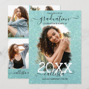 Invitación Graduación del Collage de fotos Halo, Purpurina ve