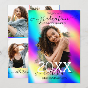 Invitación Graduación del Collage de fotos Holográfico Neon U