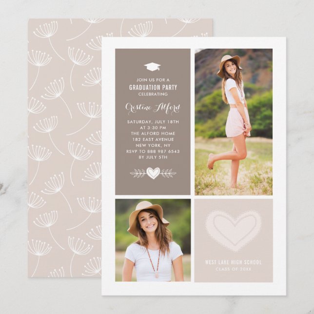 Invitación Graduación del Collage de fotos Rustic Heart Doodl (Anverso / Reverso)