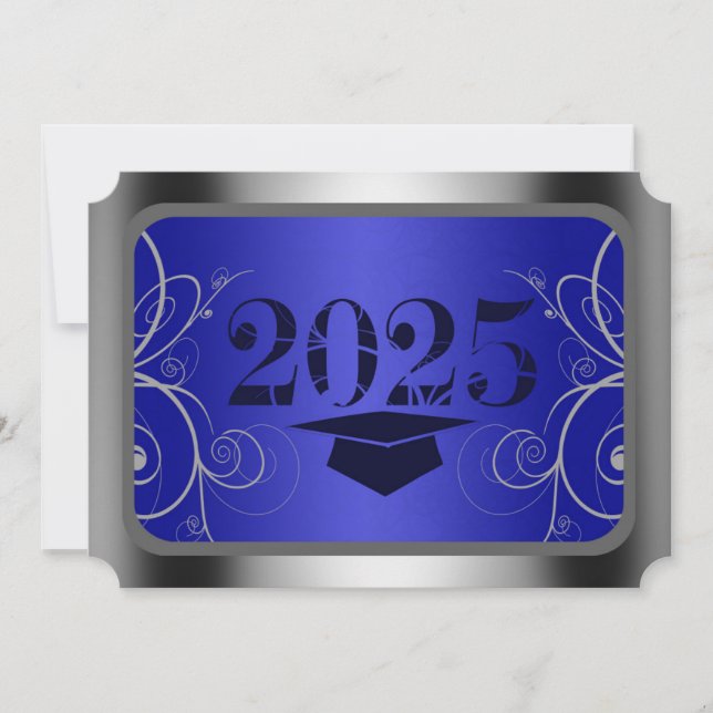 Invitación Graduación del cuadro azul y plateado (Anverso)
