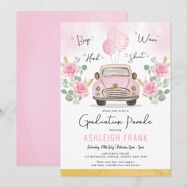Invitación Graduación del desfile de graduación de rosas rosa (Anverso / Reverso)