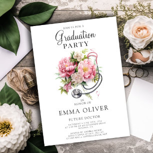 Invitación Graduación del estetioscopio floral rosado del fut