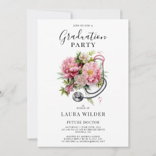 Invitación Graduación del estetioscopio floral rosado del fut