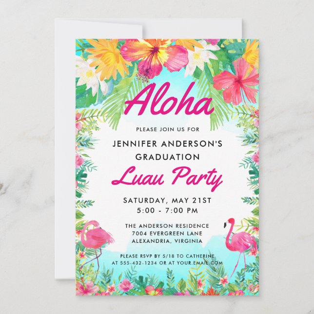 Invitación Graduación del Fiesta Aloha Tropical Flamingo Luau (Anverso)