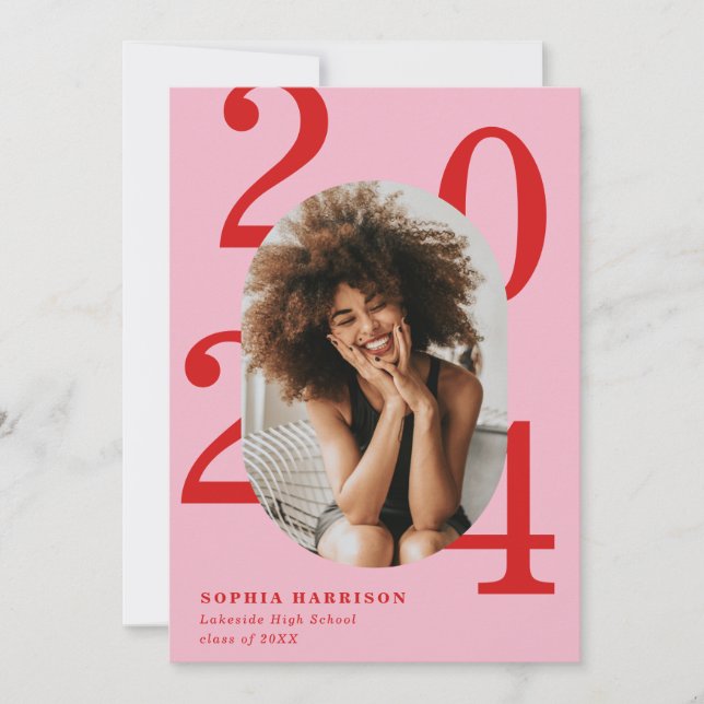 Invitación Graduación del fotograma rojo de ovalación rosada  (Anverso)
