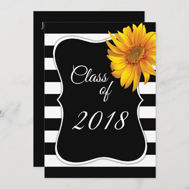 Invitación Graduación del girasol BlackWhite Stripe 2018 (Anverso / Reverso)