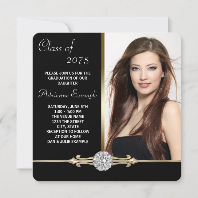 Invitación Graduación del Glam de oro y negro de diamante (Anverso)