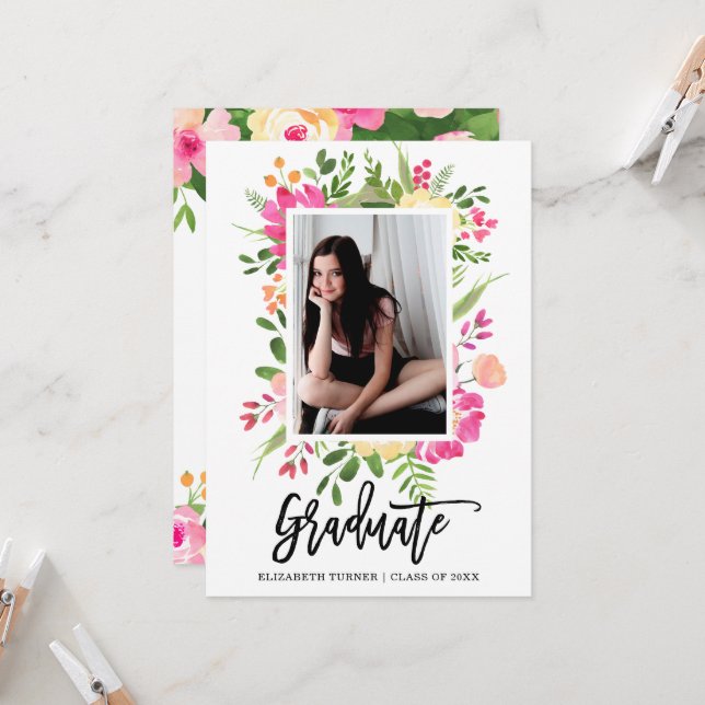 Invitación Graduación del guión de la foto del marco floral d (Anverso/Reverso In Situ)
