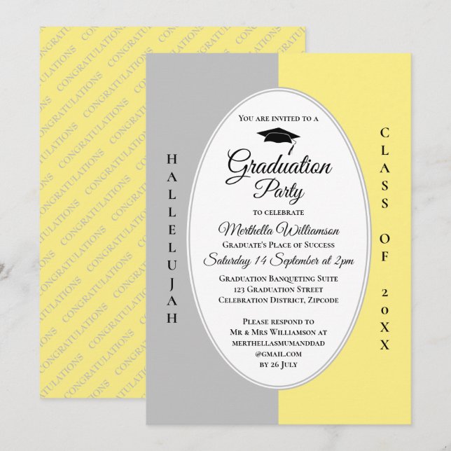 Invitación Graduación del Halleluya Gris amarillo moderno (Anverso / Reverso)