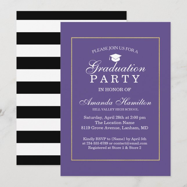 Invitación Graduación del marco de oro ultra violeta clásico  (Anverso / Reverso)