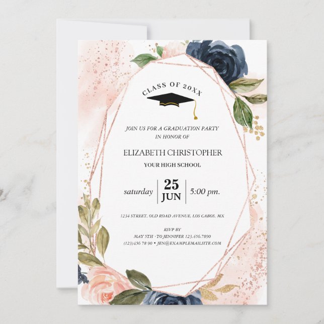 Invitación Graduación del marco geométrico floral de la marin (Anverso)
