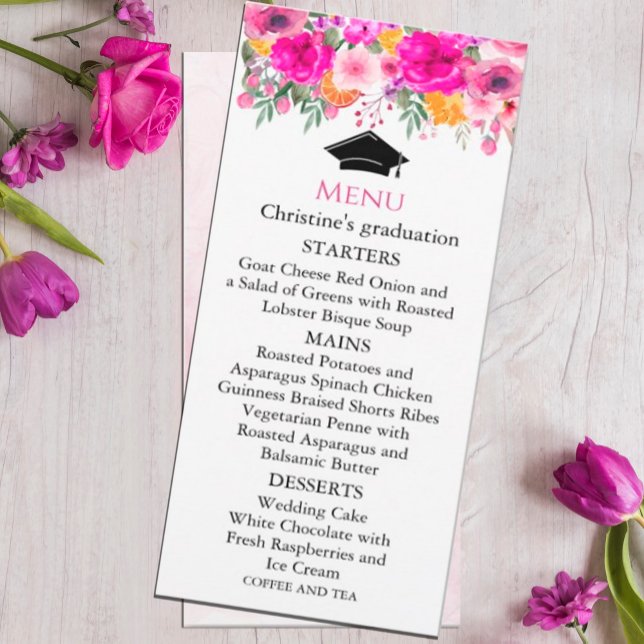 Invitación Graduación del menú de primavera de flores silvest (watercolor flowers in shades of pink and white in rustic garden greenery. #graduationpartsupply )