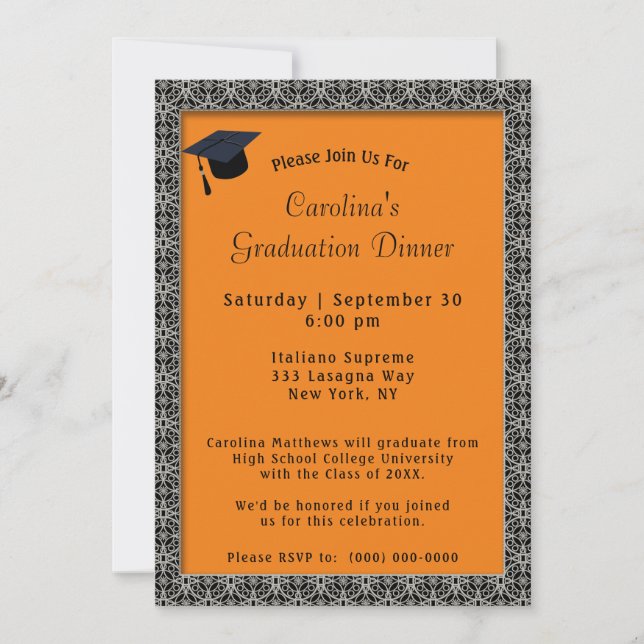 Invitación Graduación del Naranja del tapón de la cena del ma (Anverso)