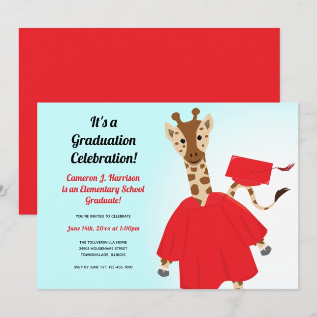 Invitación Graduación del niño azul negro rojo de jirafa (Anverso / Reverso)