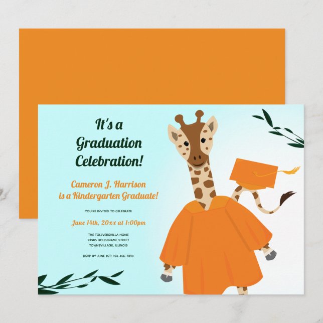 Invitación Graduación del niño azul verde del Naranja animal  (Anverso / Reverso)
