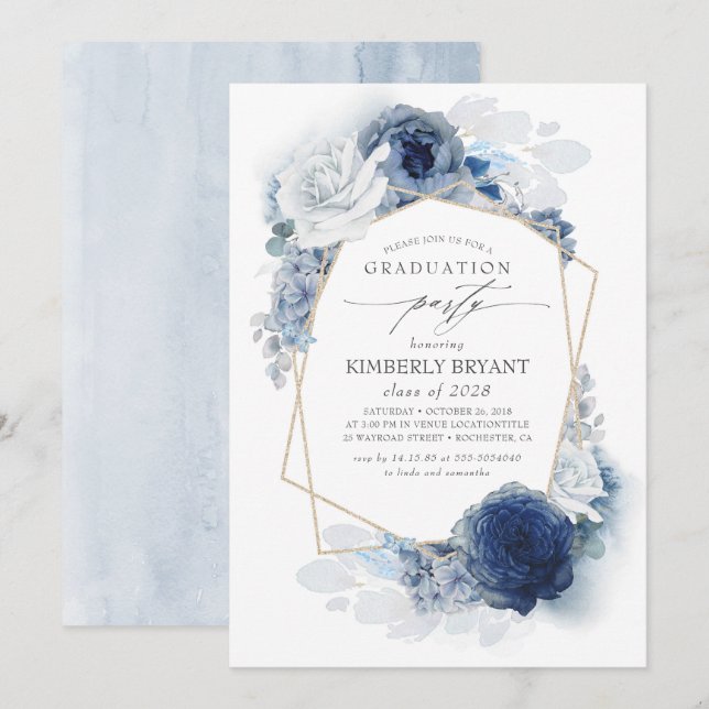 Invitación Graduación del ómbre azul de la marea y de la mari (Anverso / Reverso)