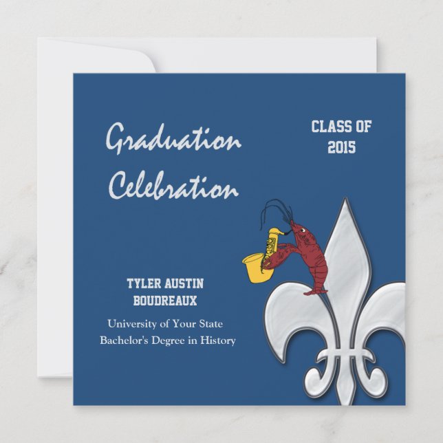Invitación Graduación del pez cabra azul oscuro Fleur de Lis (Anverso)