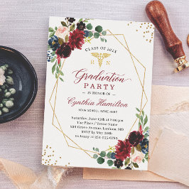 Invitación Graduación del Símbolo Médico Navy Red Floral Gold