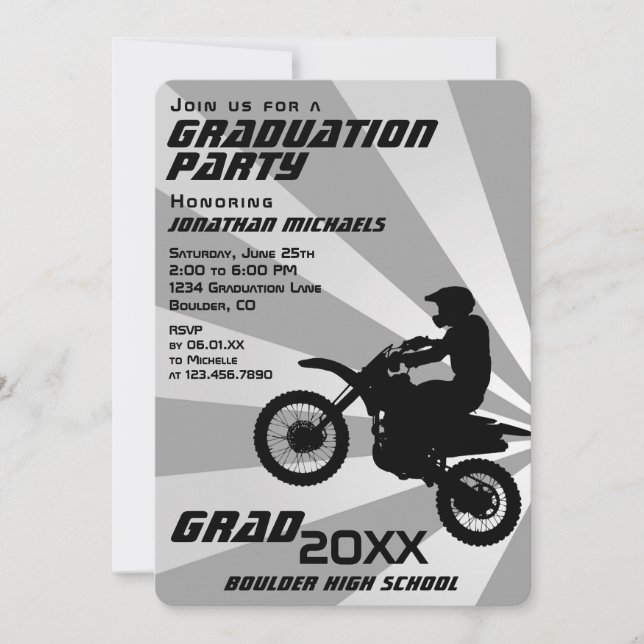 Invitación Graduación del Sol Retro de Motocross Dirt Bike (Anverso)