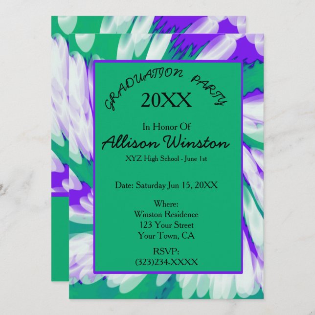 Invitación Graduación del Swirl Green Purple Tie Dye (Anverso / Reverso)