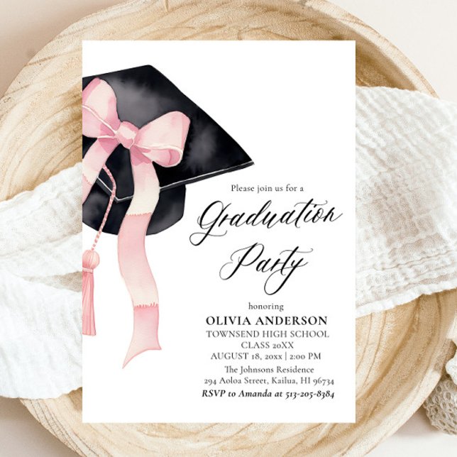 Invitación Graduación del tapón de graduación elegante y eleg (Watercolor Modern Elegant Trendy Stylish Pink Bow Graduation Invitation)