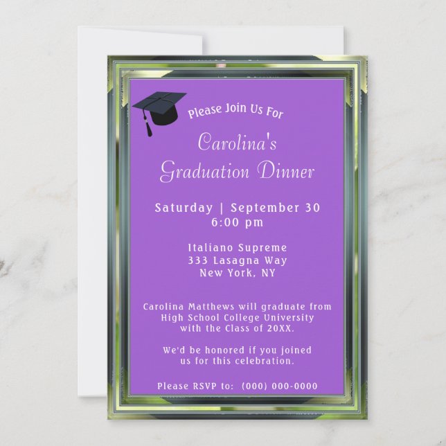 Invitación Graduación del tapón de la cena púrpura del marco  (Anverso)