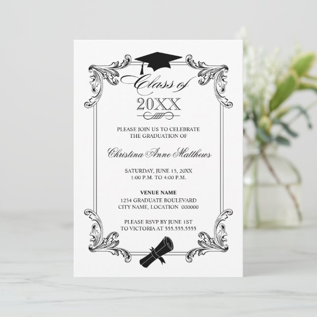 Invitación Graduación del tapón de ornamento de época y del d (Anverso de pie)