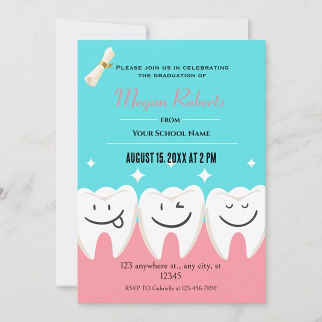 Invitación Graduación dental dental rosa y azul divertida (Anverso)