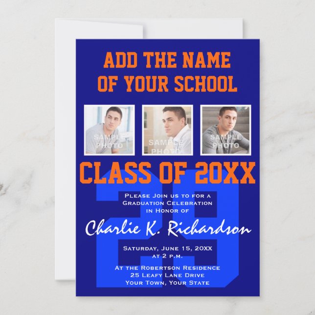 Invitación Graduación deportiva de naranja y equipo azul (Anverso)