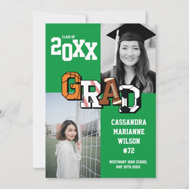 Invitación Graduación deportiva Fútbol Baloncesto Fútbol amer (Anverso)