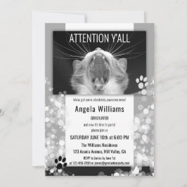 Invitación Graduación divertida en blanco y negro de gato