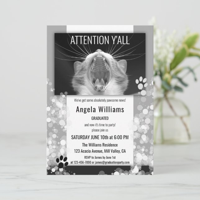 Invitación Graduación divertida en blanco y negro de gato (Anverso de pie)